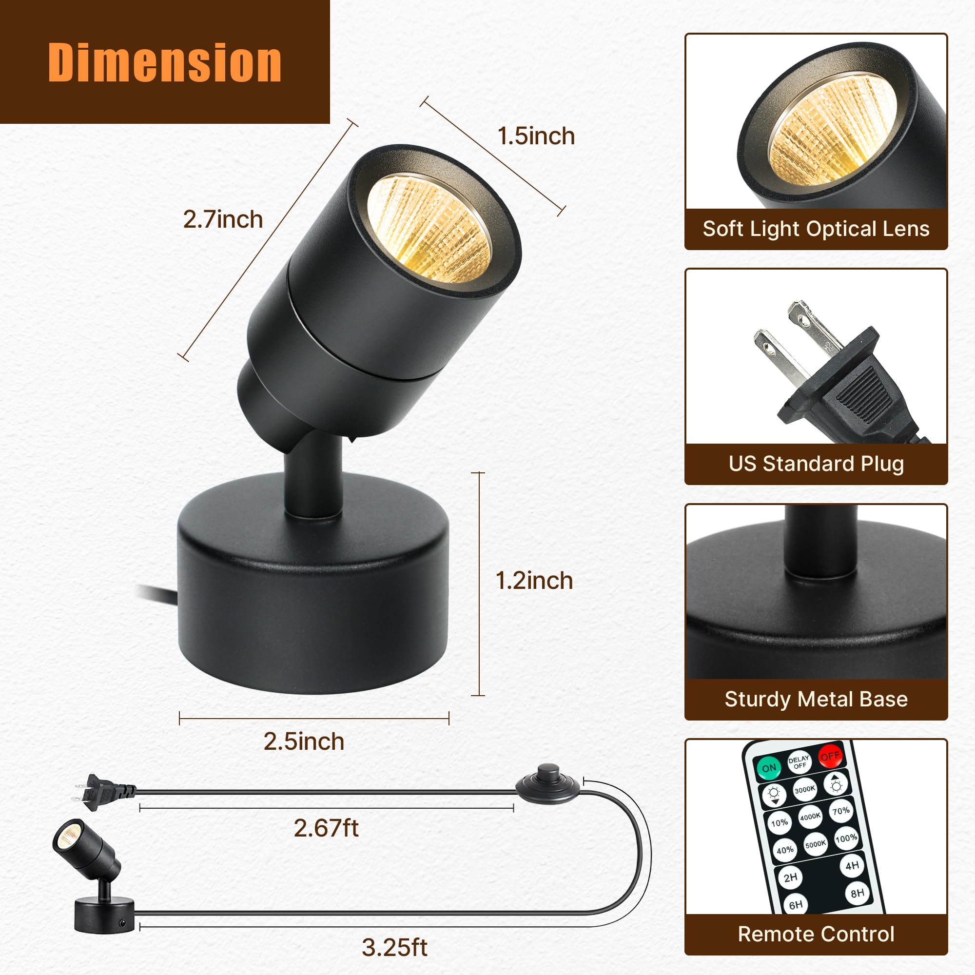 Kandicyar LED spotlight uses a 5.9 ft plug cord for flexible placement.