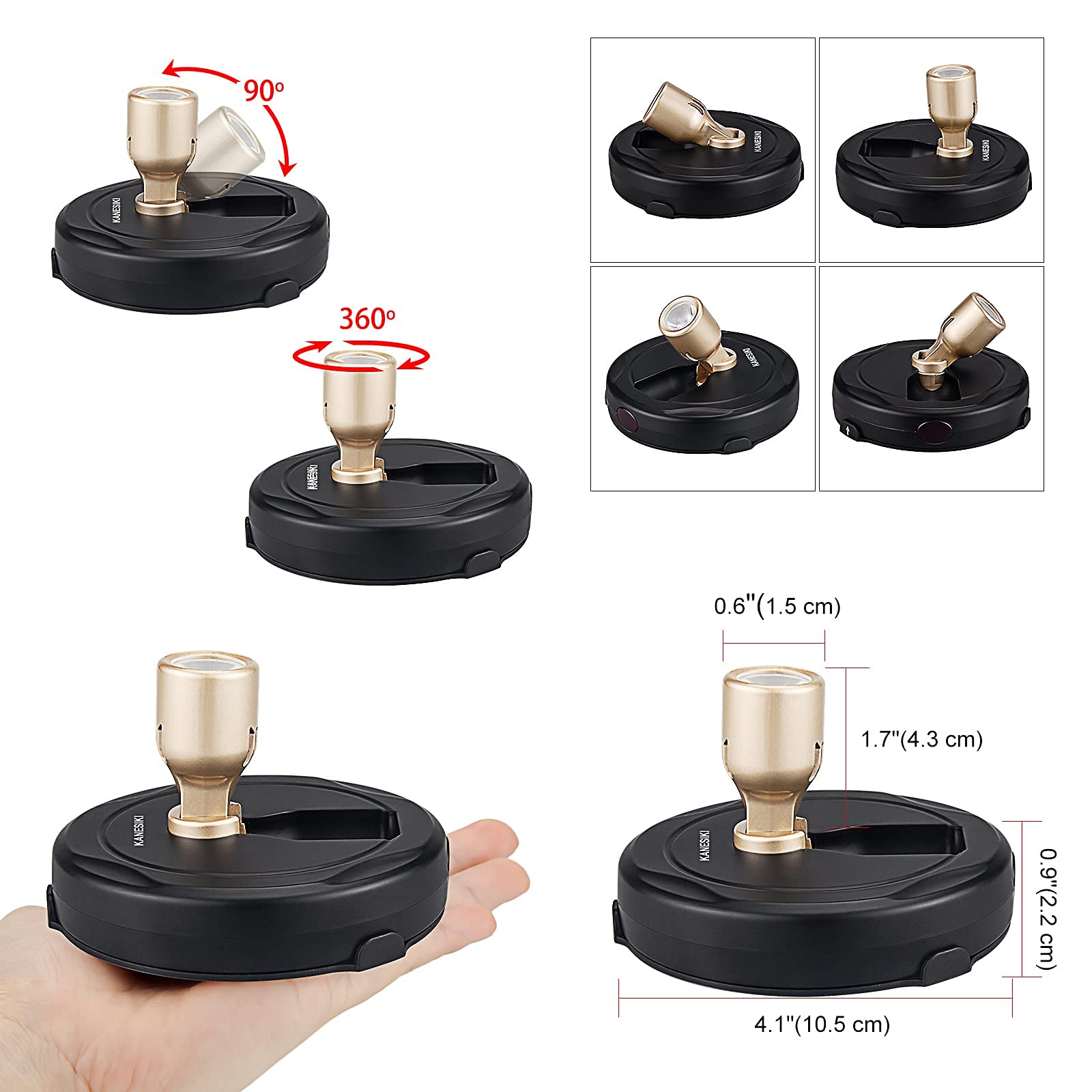 KANESIKI Spotlight 360° head rotates for versatile lighting angles.