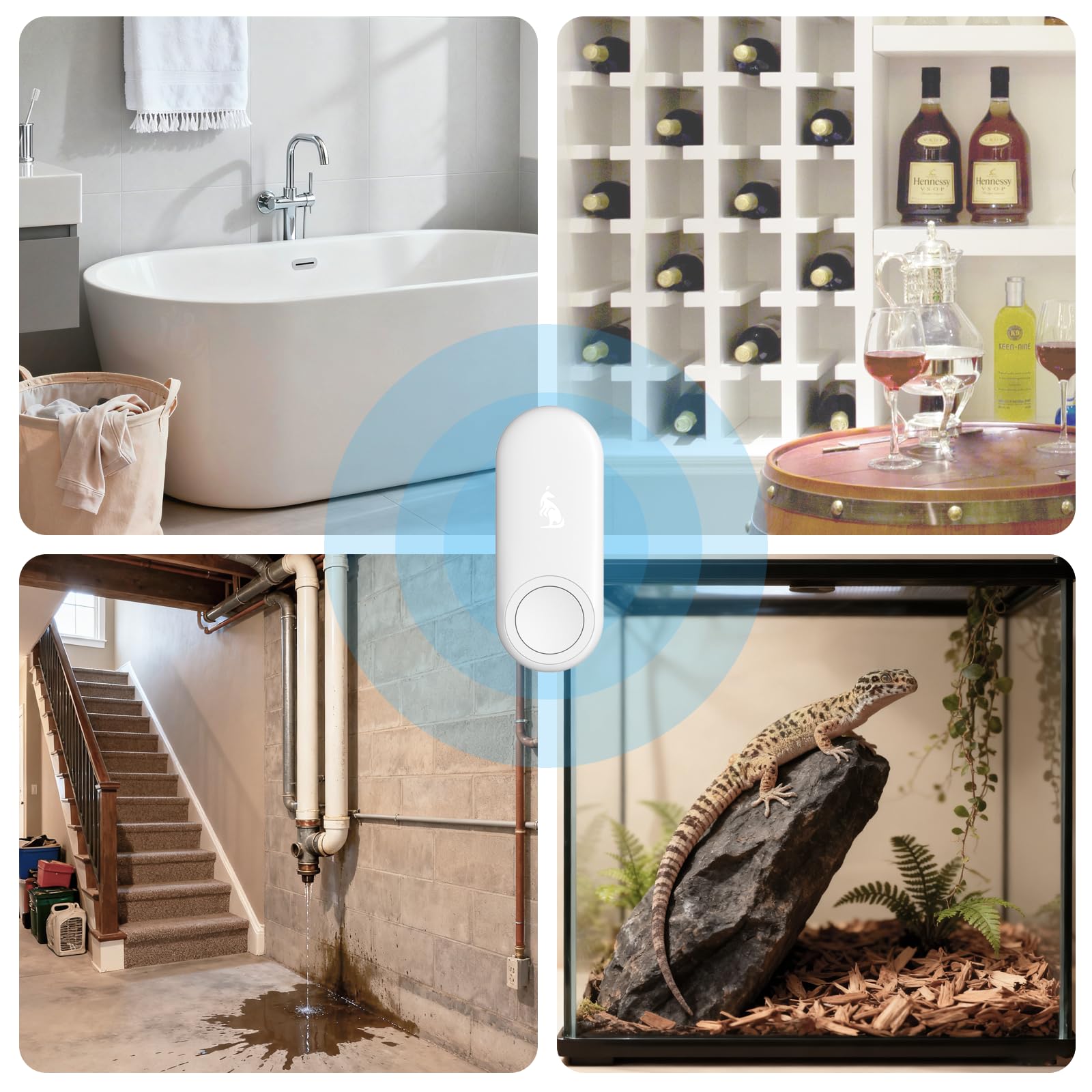 Kangaroo water detector in home use scenario suitable for kitchen or basement.