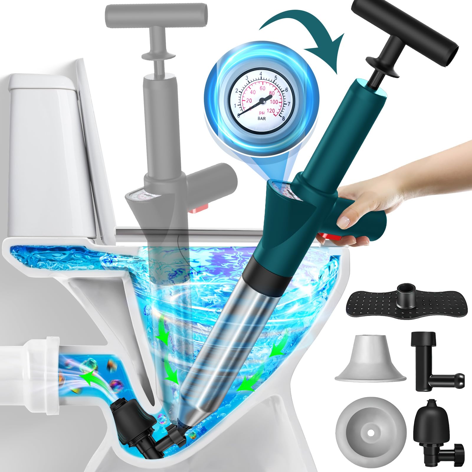 Kaniapu heavy-duty toilet plunger with real-time barometer unclogs quickly with minimal mess