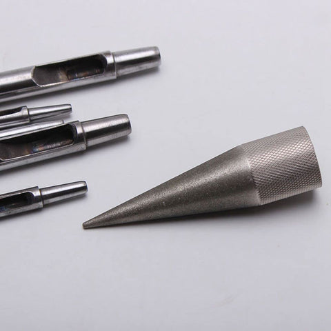 Kanonaki Emery Round Hole Punch Edge Sharpener in use for leathercraft precision.