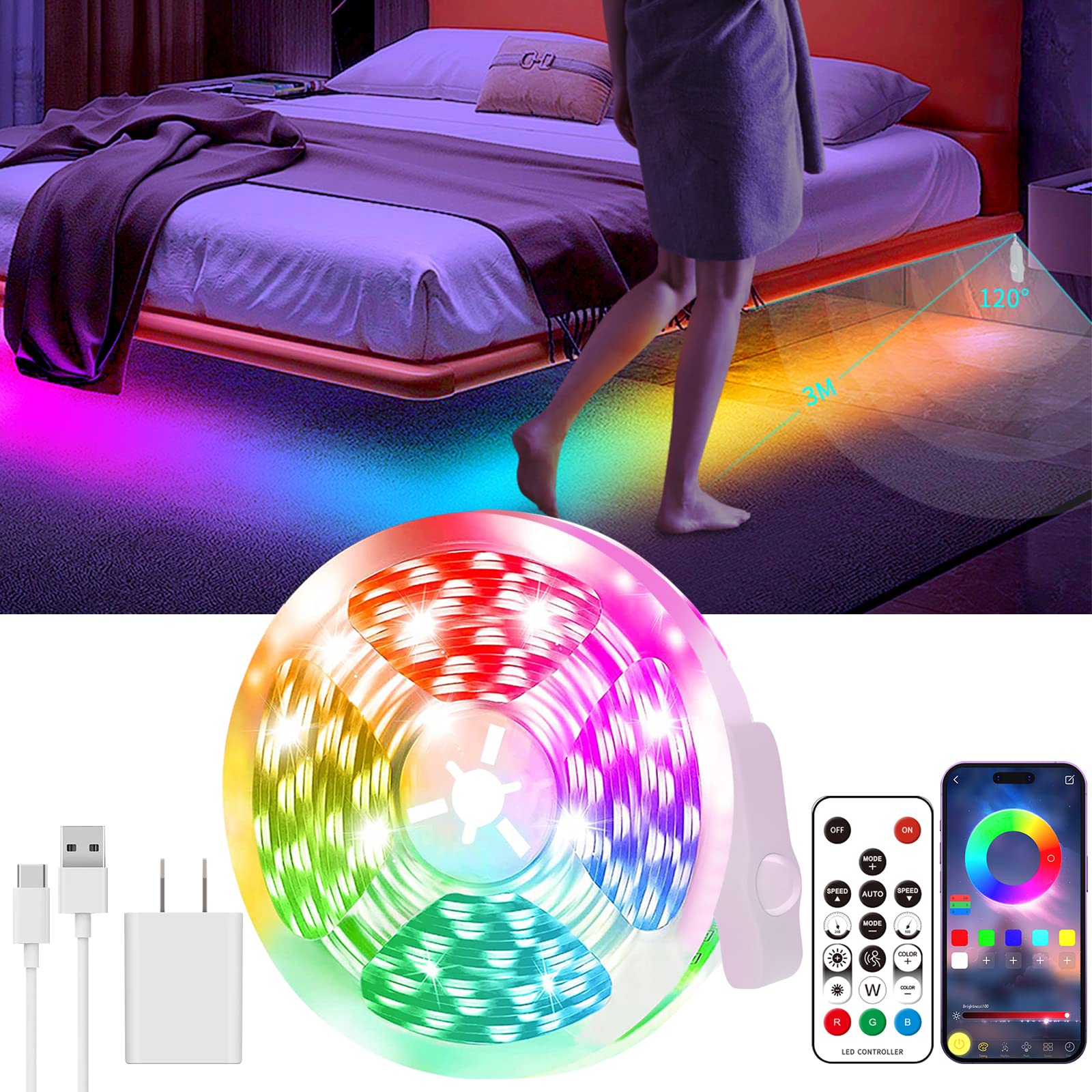 KANTUTOE motion-activated LED strip installed beside the bed for gentle night navigation.