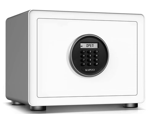 KAPUCI safe box front view with modern white finish for easy access
