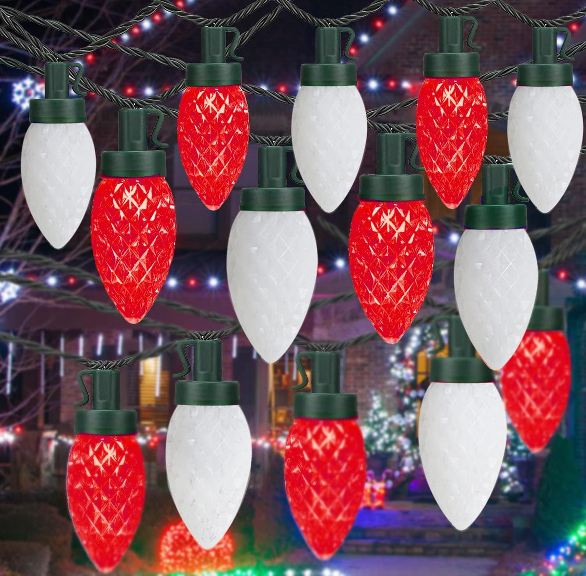 KAQ 2PK red and cool white C9 lights installed on a tree for festive ambiance.