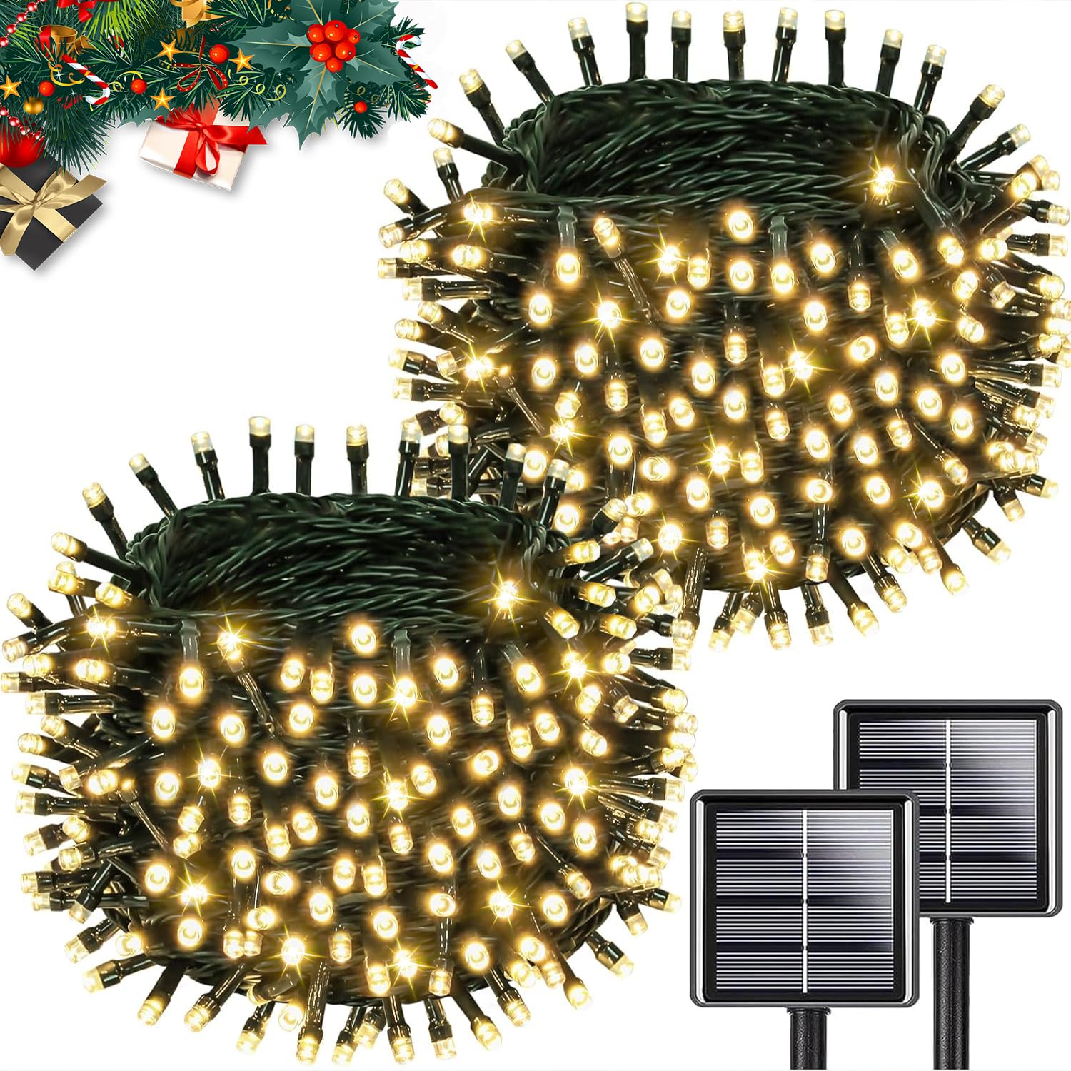 KAQ Upgrade 2Pack 200LED solar string lights for outdoor use, energy-saving festive illumination.