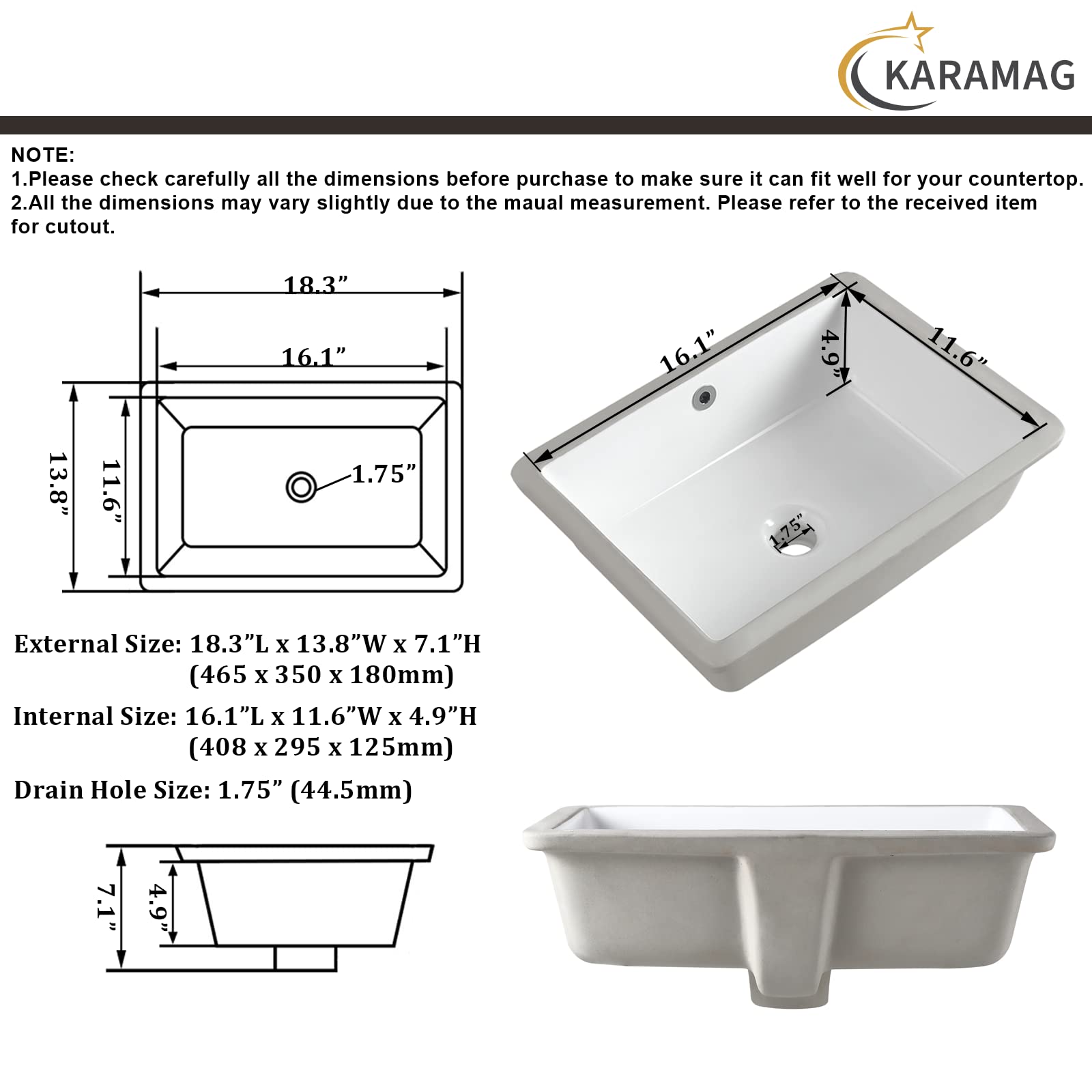 KARAMAG exterior 18.3 by 13.8 inches fits standard vanities.
