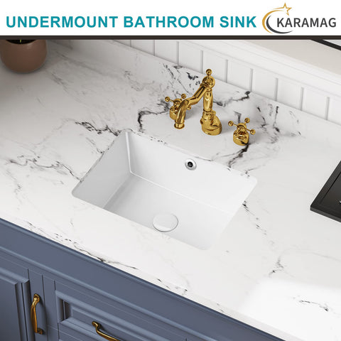 KARAMAG white vitreous china sink with overflow keeps counter space tidy.