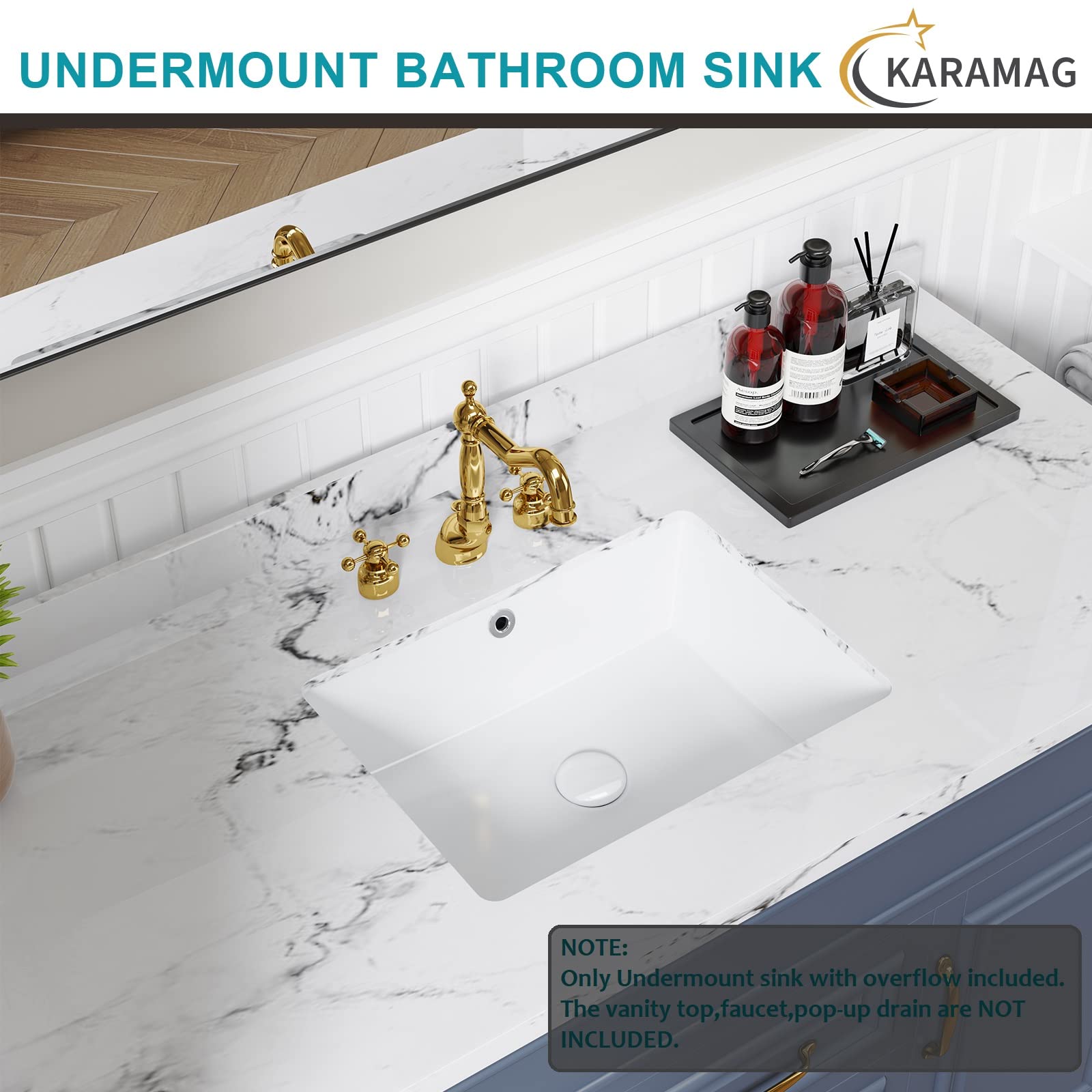 KARAMAG white ceramic sink with overflow enhances vanity cleanliness.