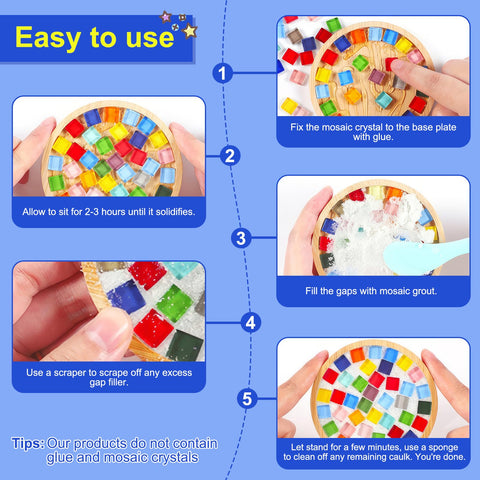 Karidge mosaic crystal grout on handmade coasters secures pieces.