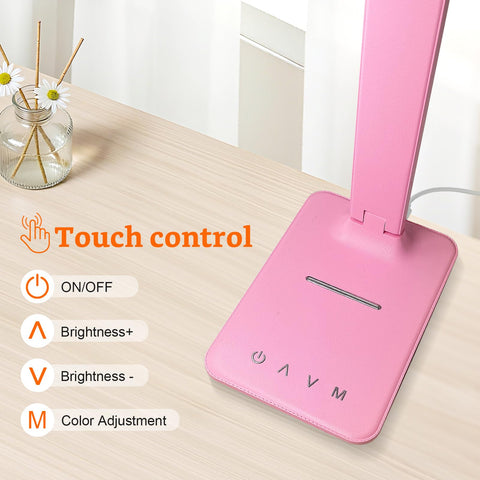 karidi LED desk lamp with USB port pink keeps devices charged within reach