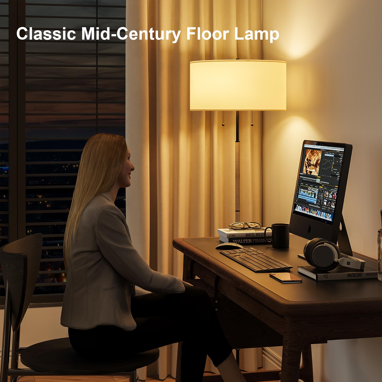 Karjoefar 2-light floor lamp uses drawstring control to adjust light levels.