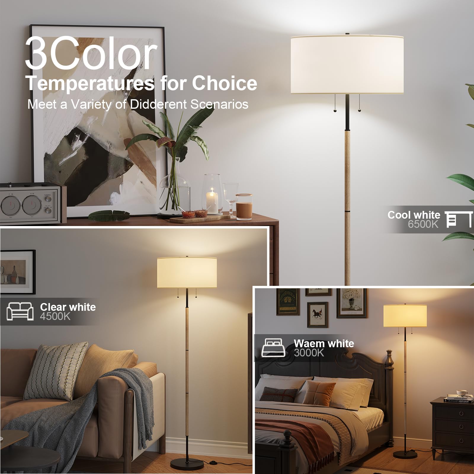Karjoefar 2-light floor lamp shows dual E26 sockets for flexible brightness control.