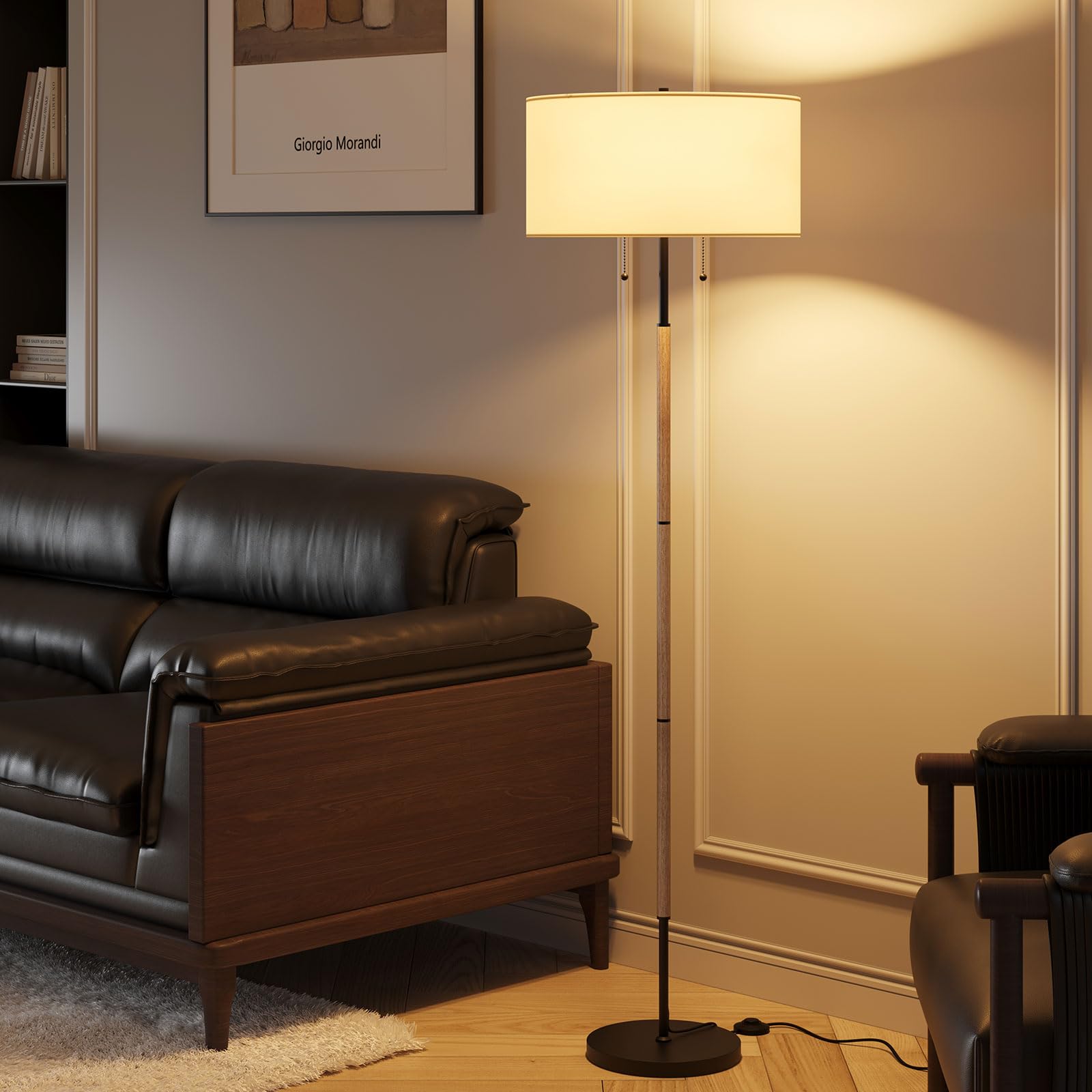 Karjoefar 2-light floor lamp with white fabric shade provides warm ambient lighting.