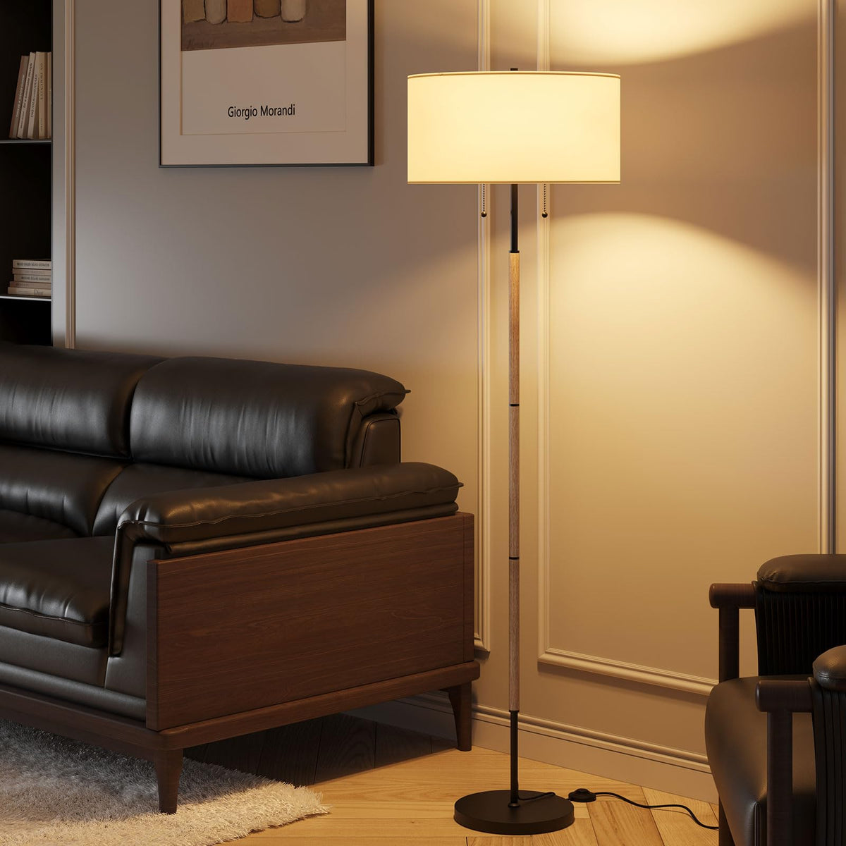 Karjoefar 2-light floor lamp with white fabric shade provides warm ambient lighting.