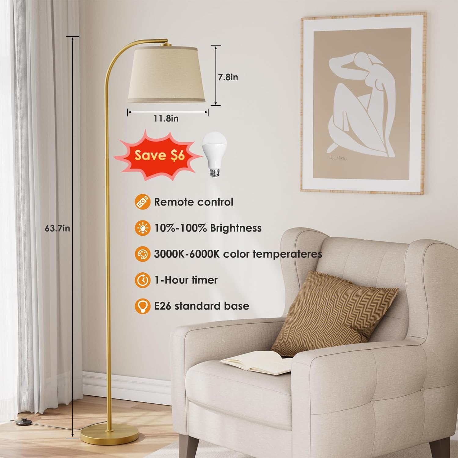 Karjoefar Arc Floor Lamp has a sturdy weighted base for stable use