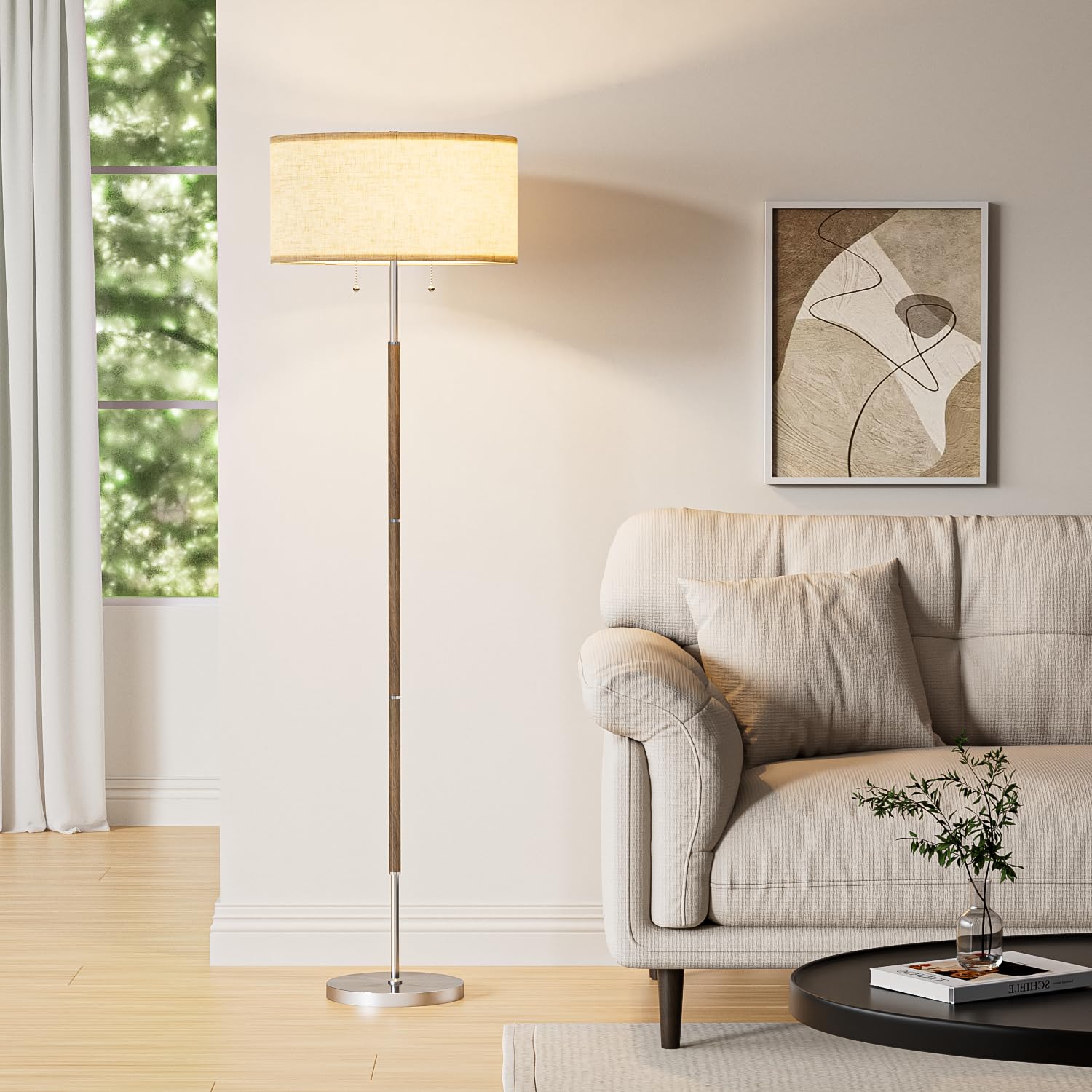 Karjoefar floor lamp with memory function and easy tool-free setup.