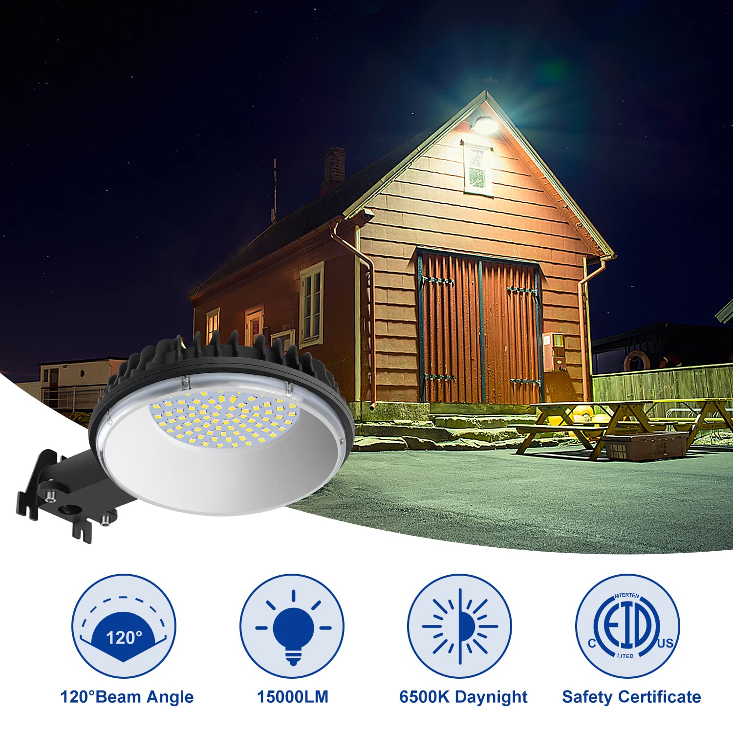 Karjoefar 120W LED barn light delivers 15000 lumens for wide outdoor coverage.