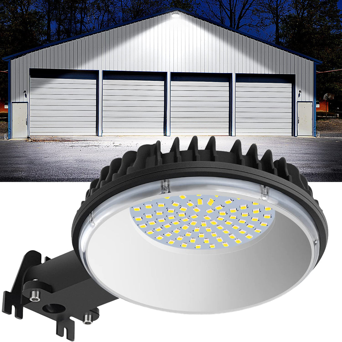 Karjoefar LED barn light in dusk-to-dawn setup providing automatic night illumination.