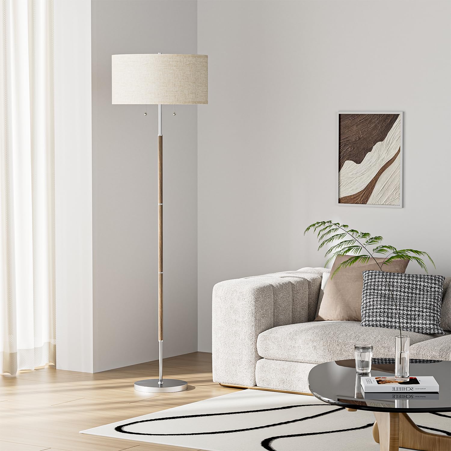 Karjoefar mid-century floor lamp with gold dual sockets enhances ambiance.