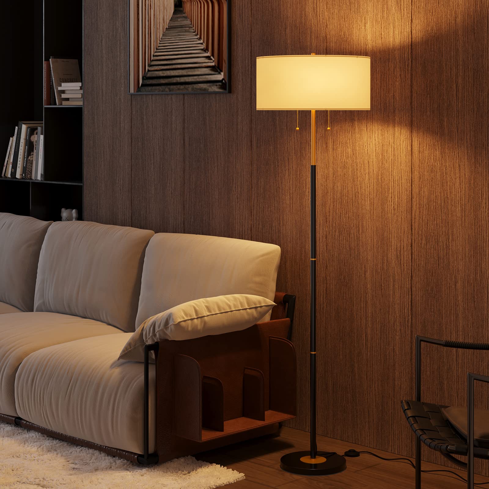 Karjoefar mid-century floor lamp with white shade for soft ambient light.
