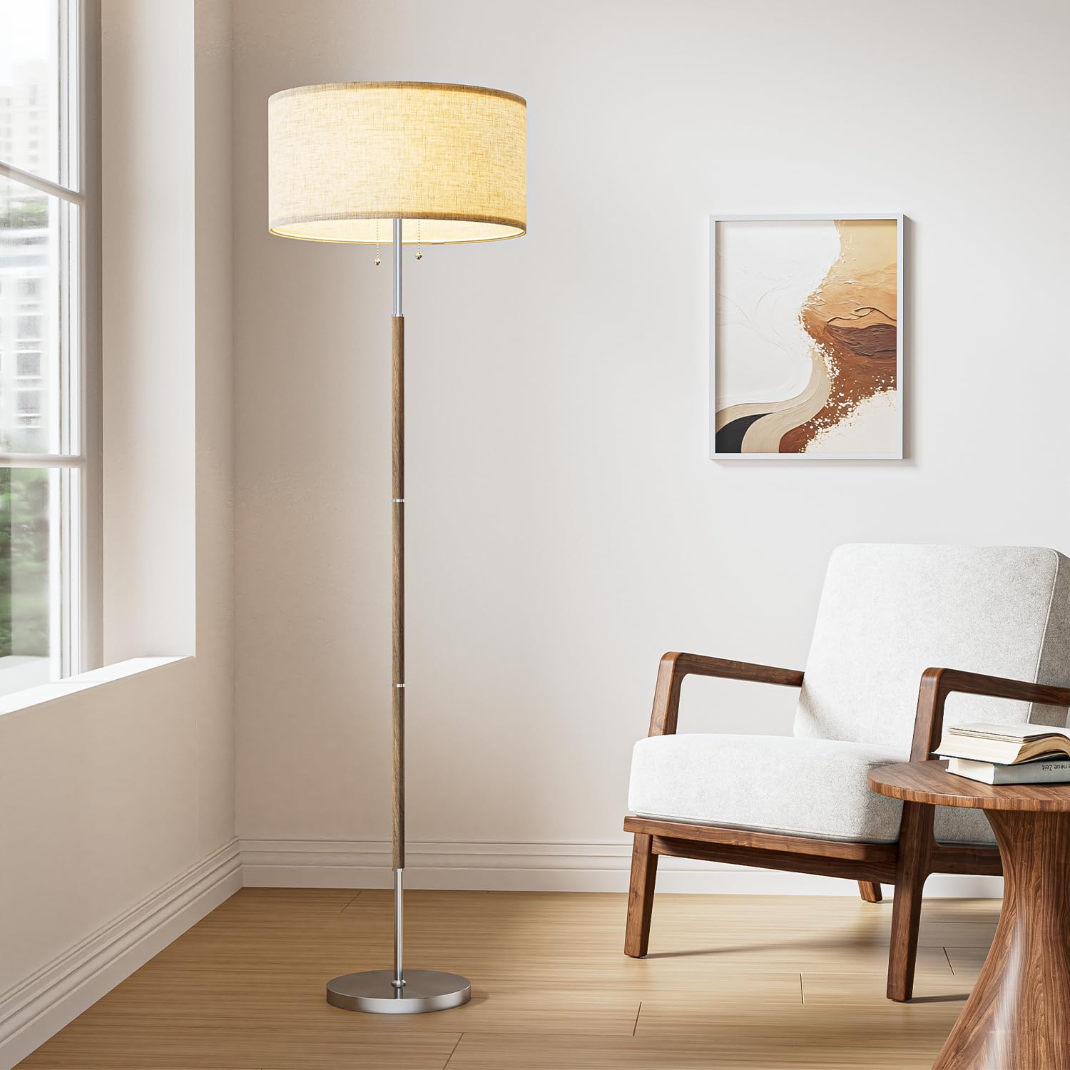 Karjoefar two-light floor lamp with beige shade for balanced living room lighting.