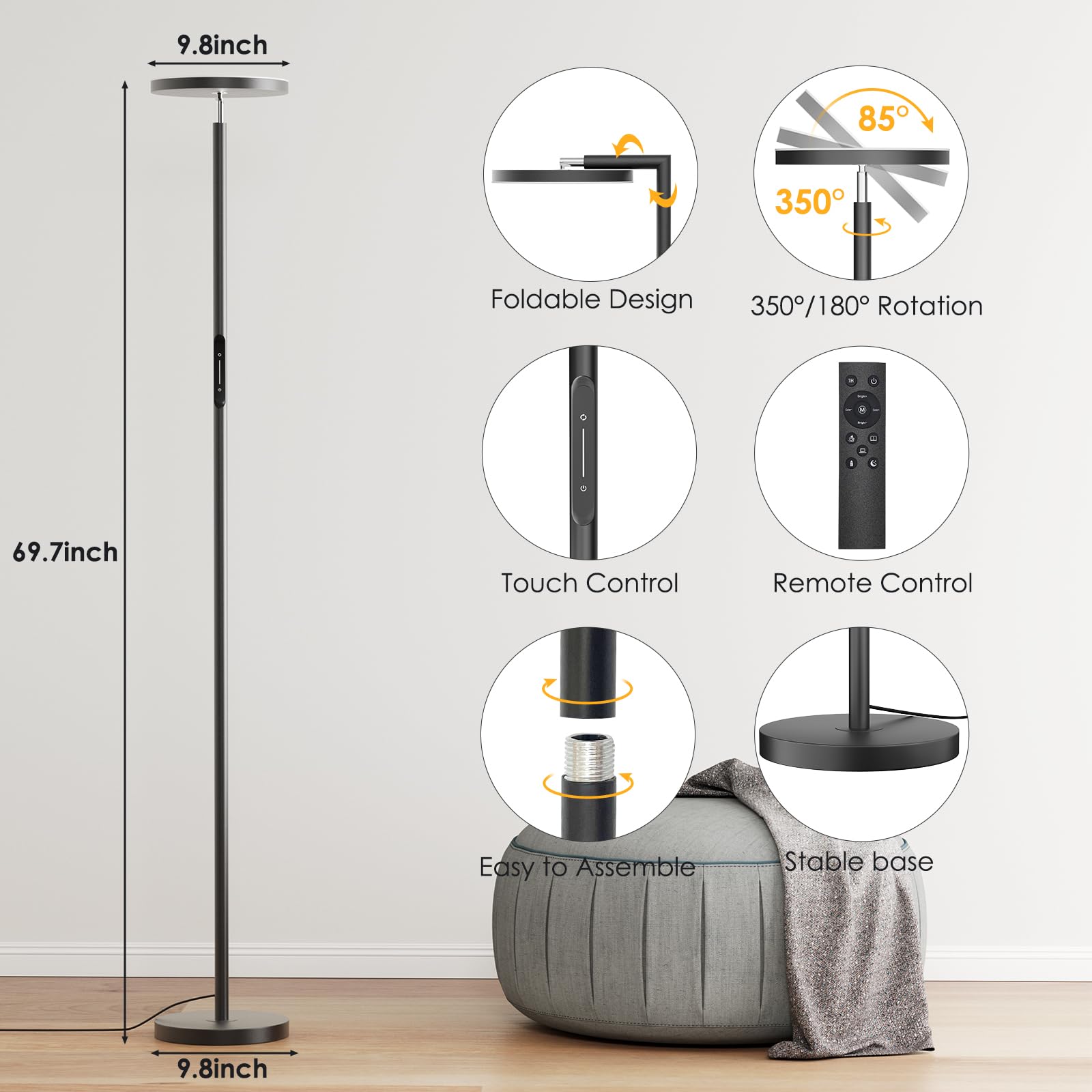 Karjoefar floor lamp touch panel for quick intuitive dimming and modes