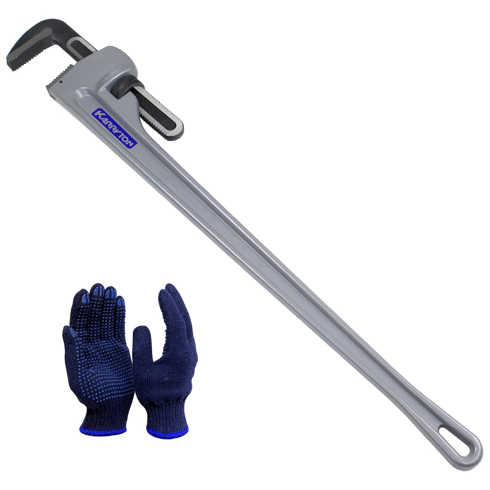 KARRYTON 48-inch aluminum pipe wrench with 8-inch jaw opening for large-diameter pipes.