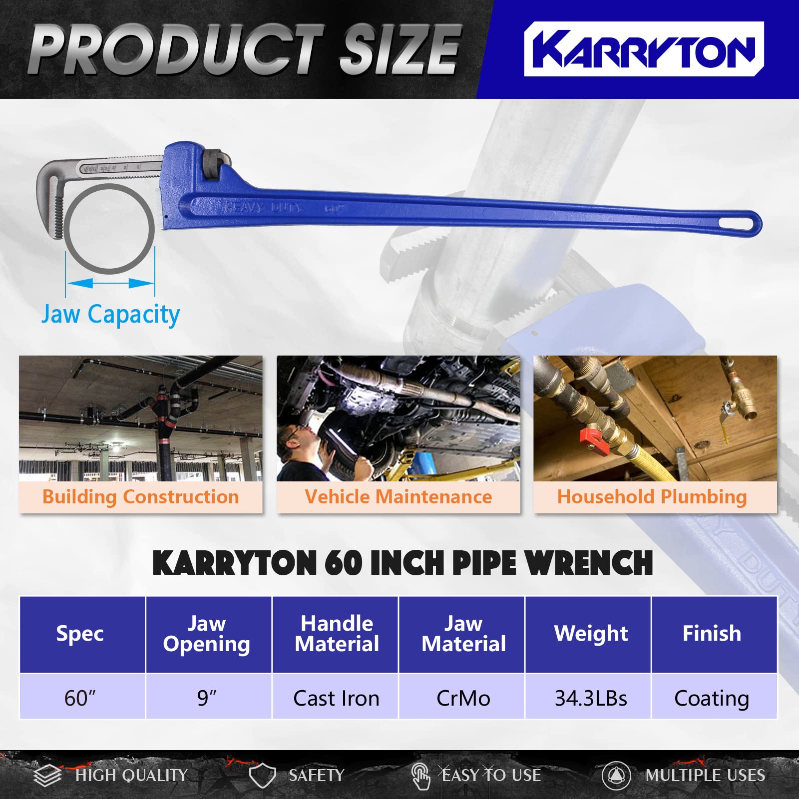 KARRYTON 60-inch pipe wrench with I-beam handle for comfortable leverage