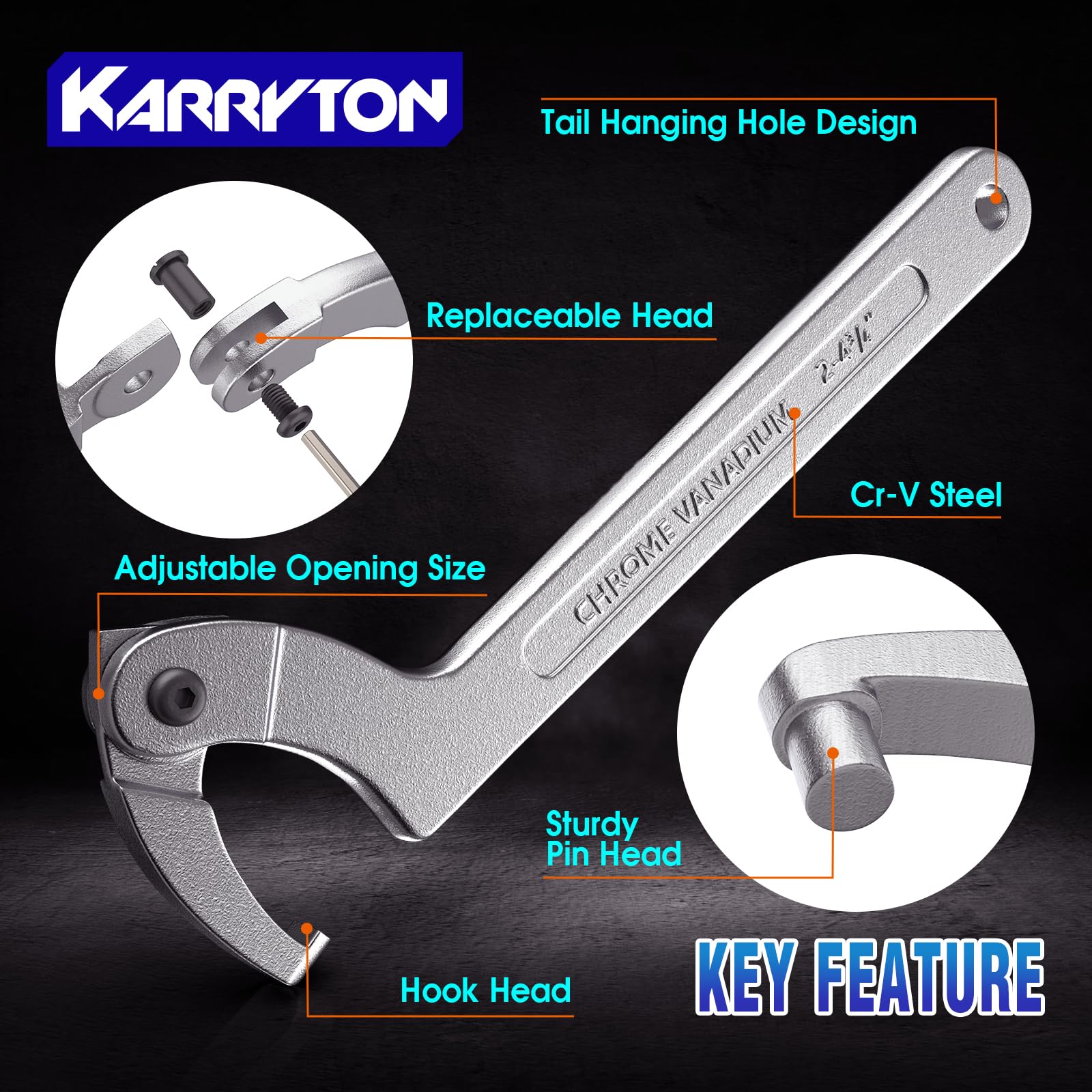 KARRYTON adjustable pin-hook wrench set 2 to 4-3/4 inches handles oversized fittings
