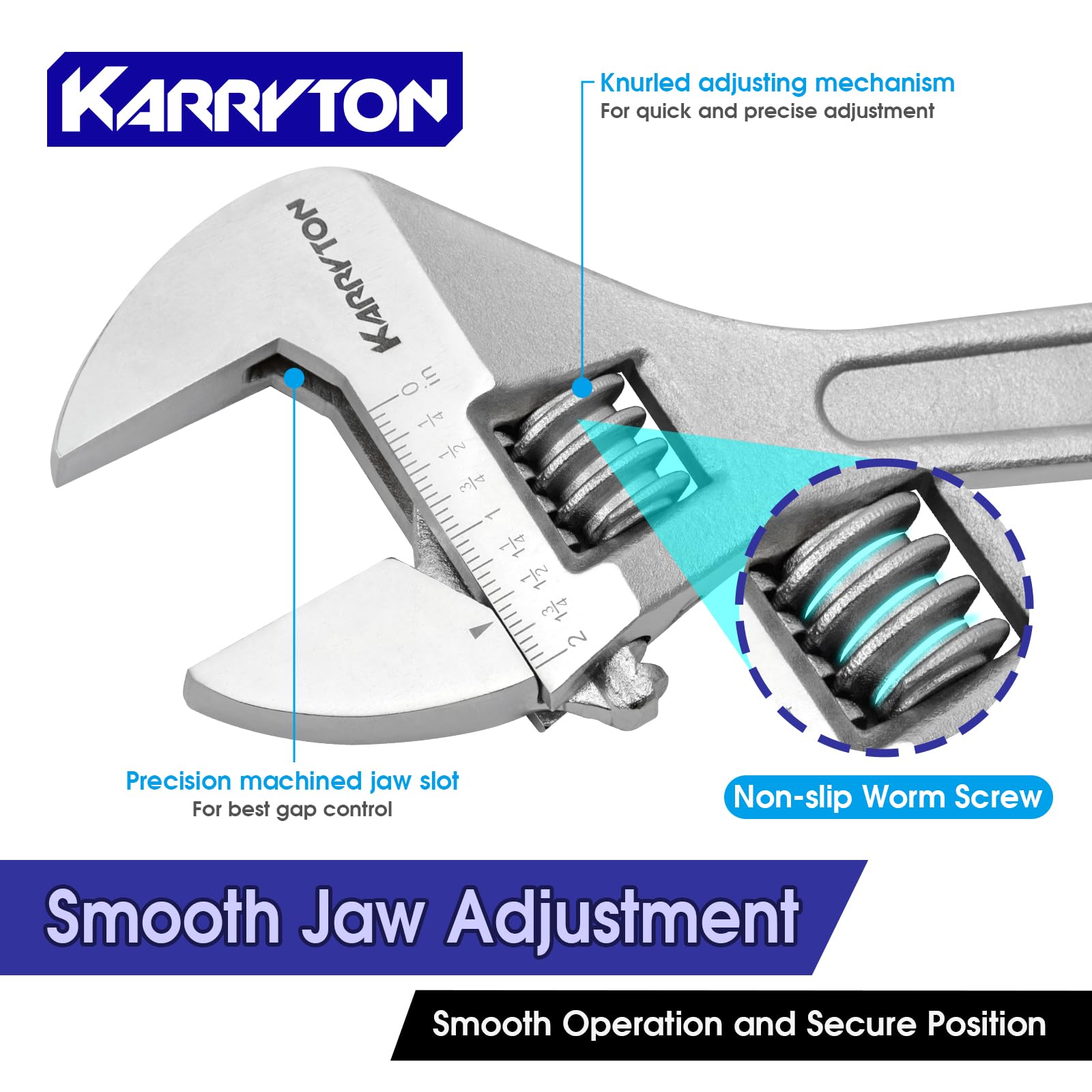 KARRYTON adjustable wrench laser-etched scales for quick size reference