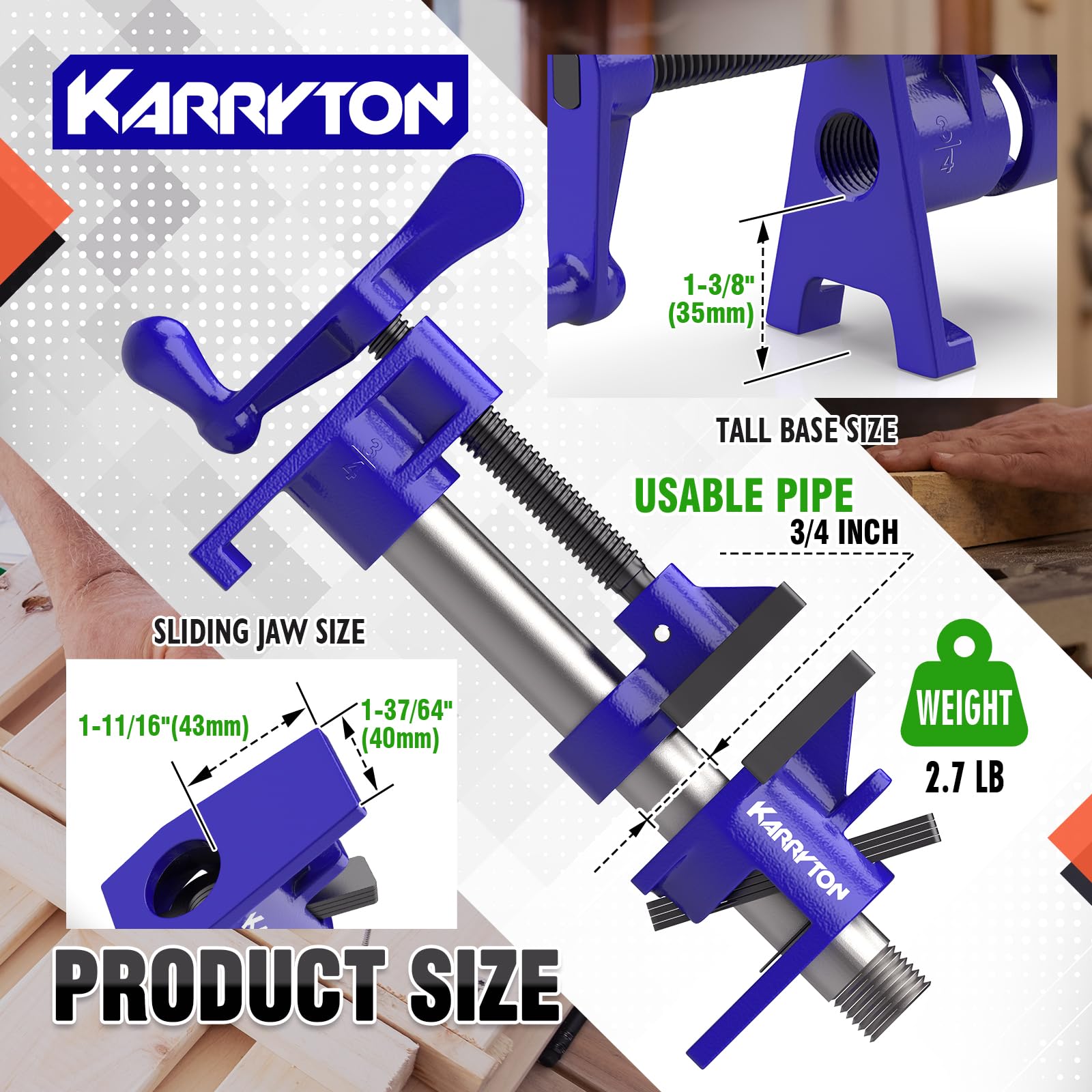 KARRYTON clamps with forged steel jaws provide strong grip during cabinet assembly
