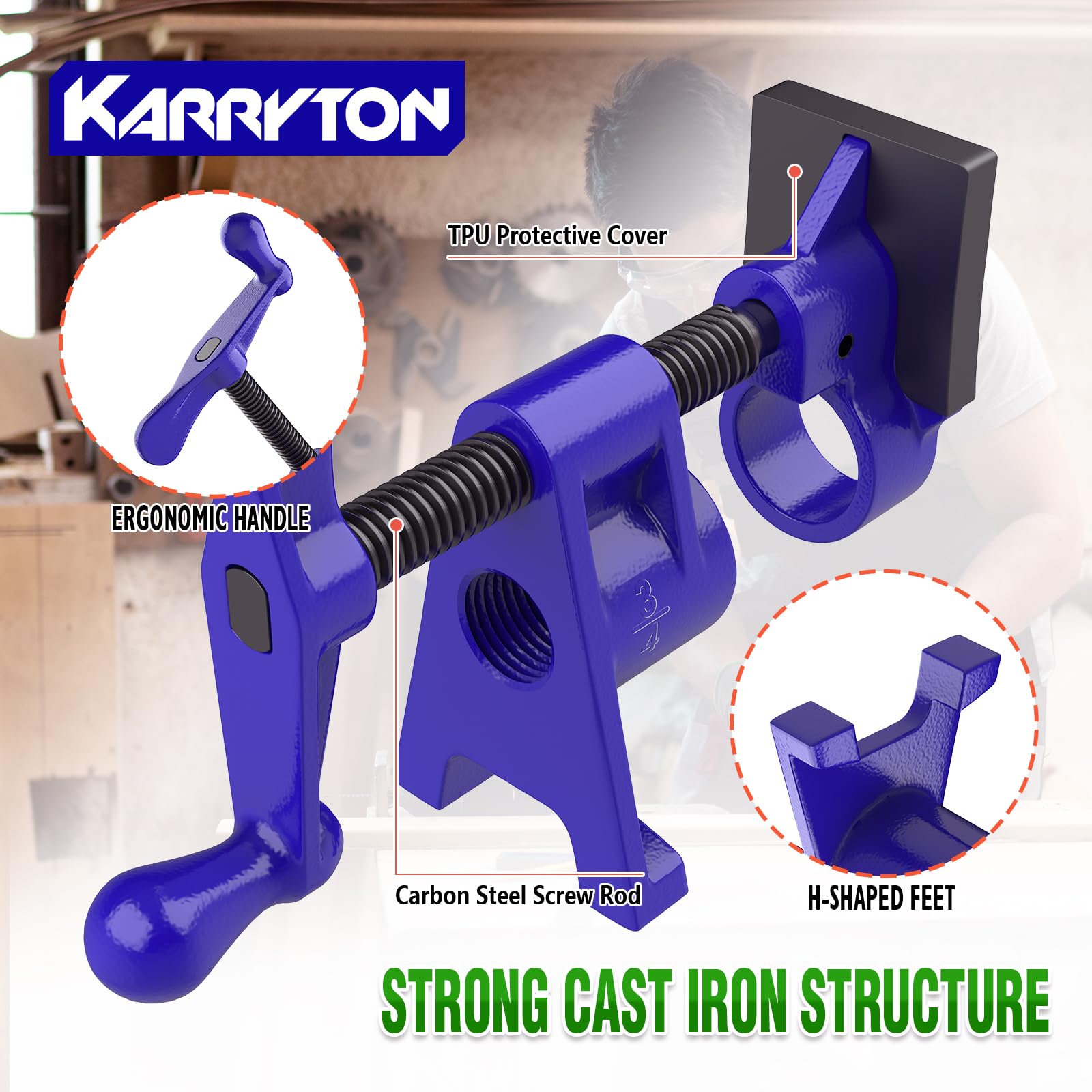 KARRYTON clamp with H-style foot design for stable base and reduced tipping