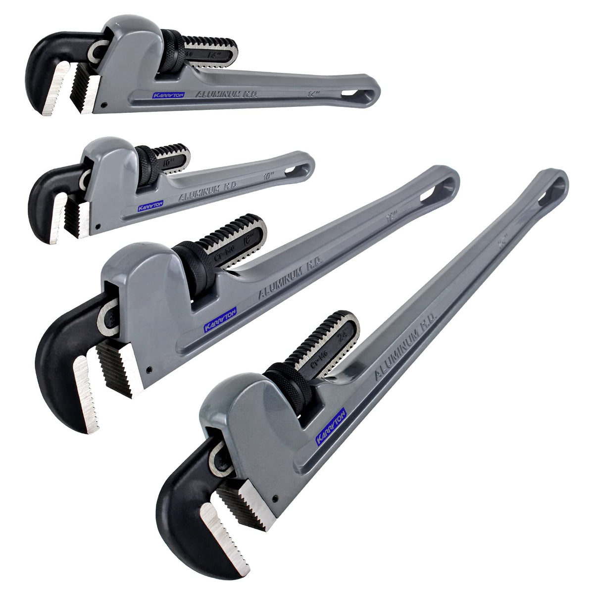KARRYTON 10-inch pipe wrench with lightweight aluminum handle for easy grip.