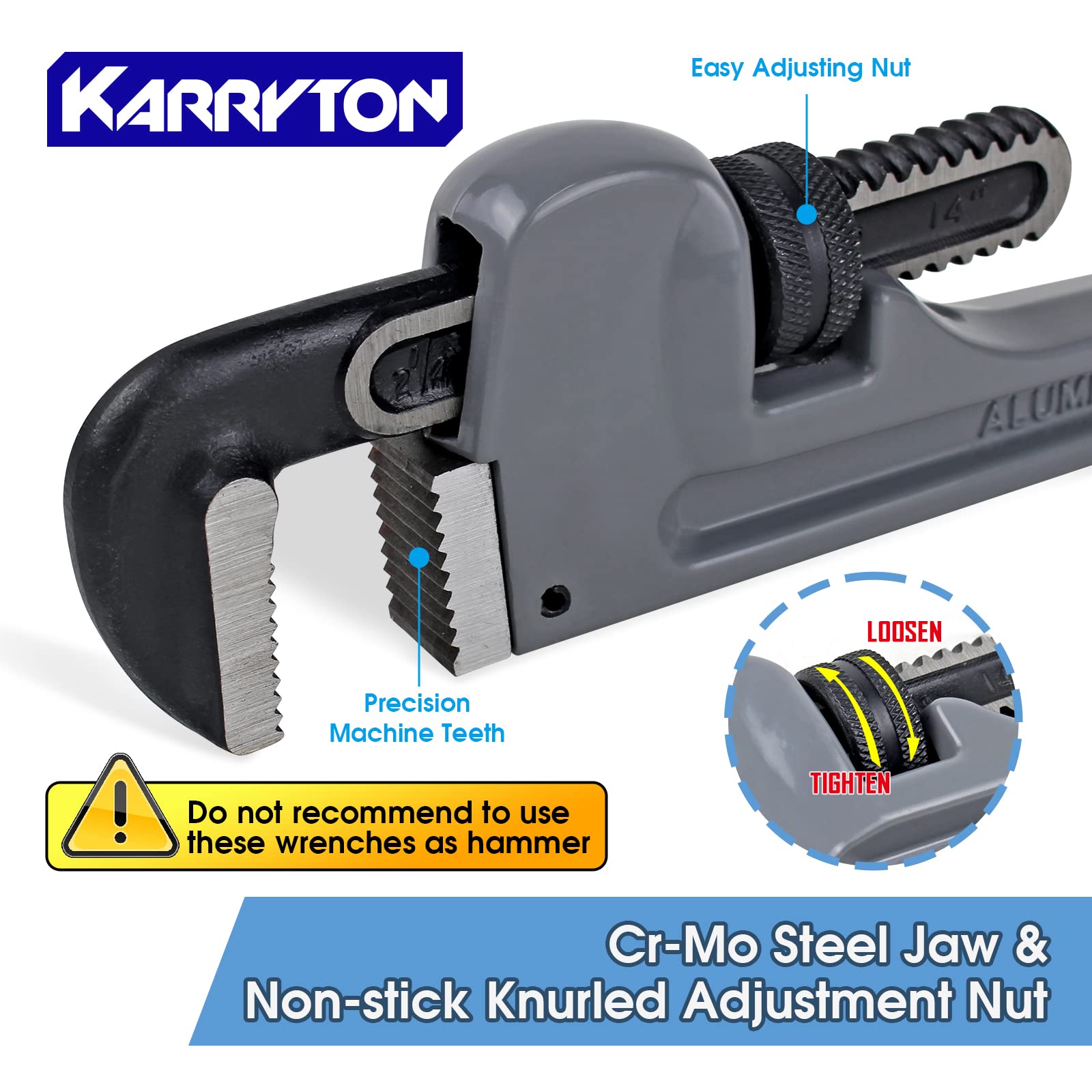 KARRYTON 18-inch pipe wrench offering enhanced reach and grip for stubborn fittings.