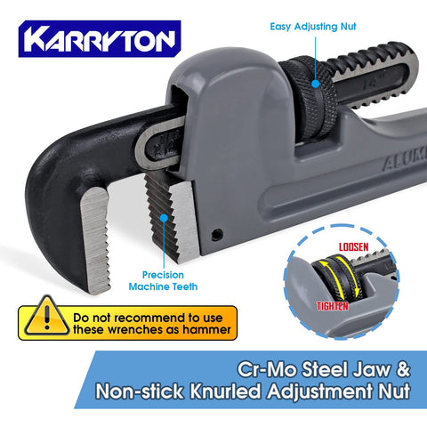 KARRYTON 18-inch pipe wrench offering enhanced reach and grip for stubborn fittings.
