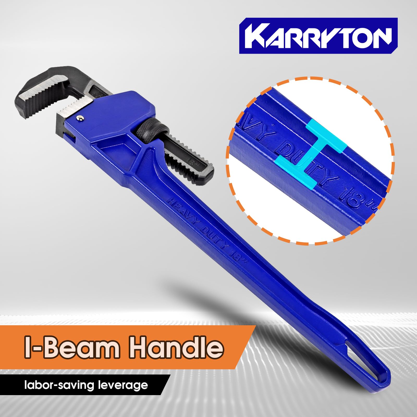 KARRYTON pipe wrench with I-beam handle for a comfortable grip.