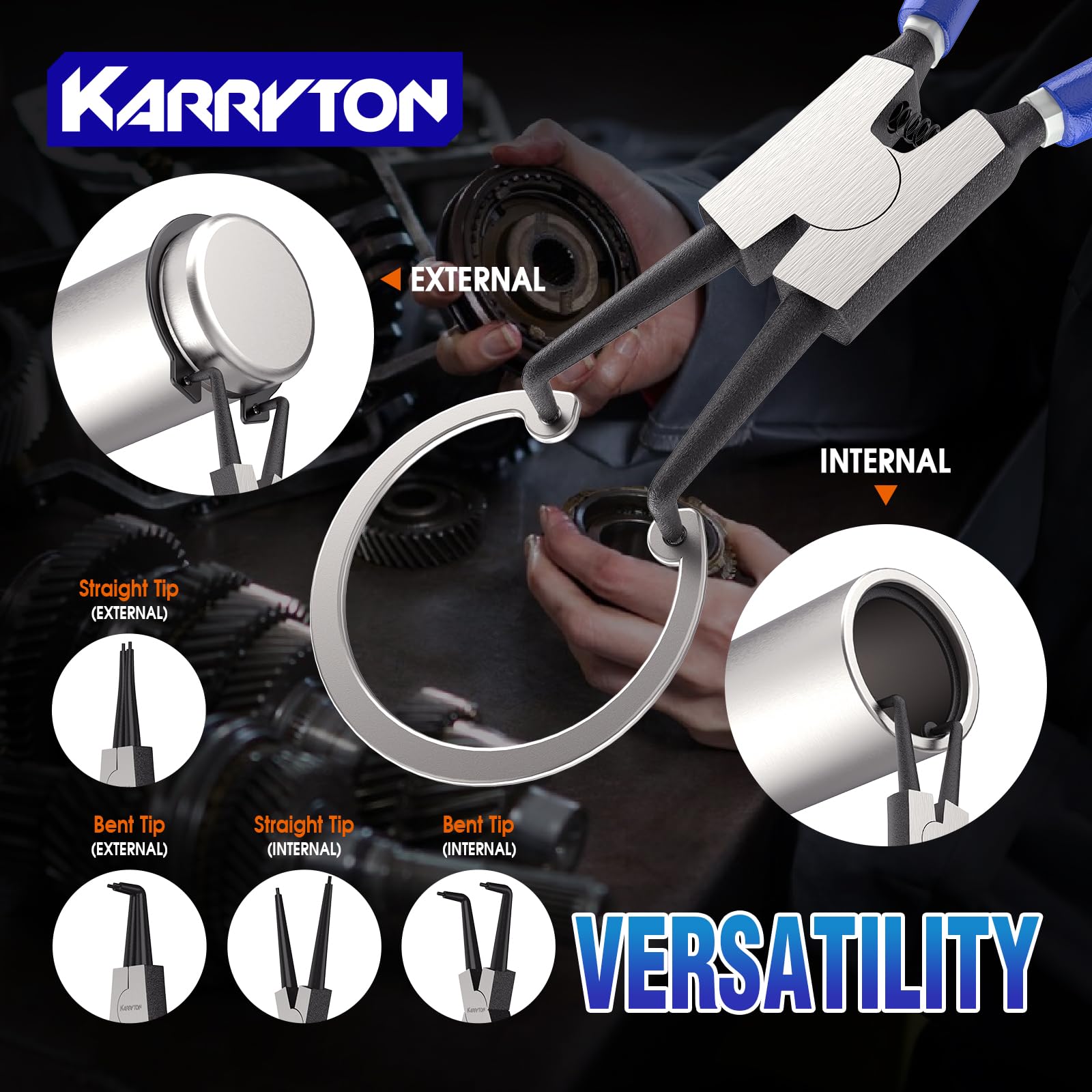 KARRYTON 7-inch snap ring pliers designed for quick removal and installation.