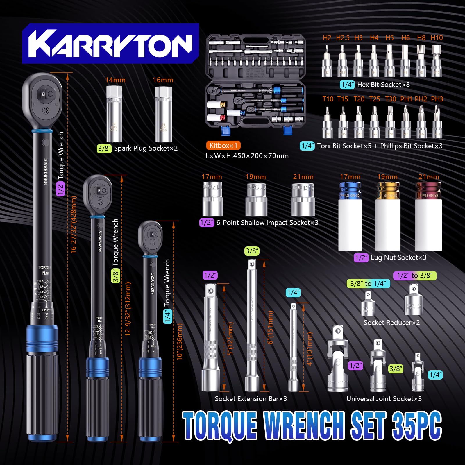 KARRYTON 3/8 drive torque wrench suitable for mid-range engine components