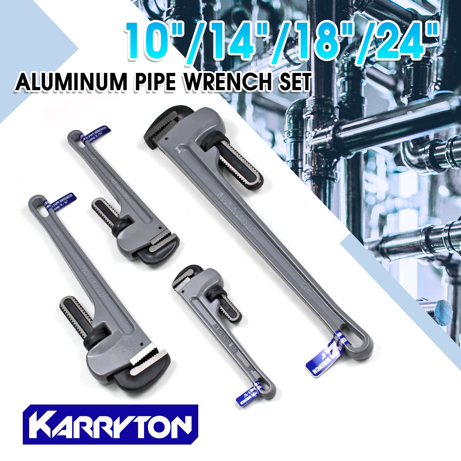 KARRYTON wrench set on display, versatile sizes for plumbing and mechanical work.
