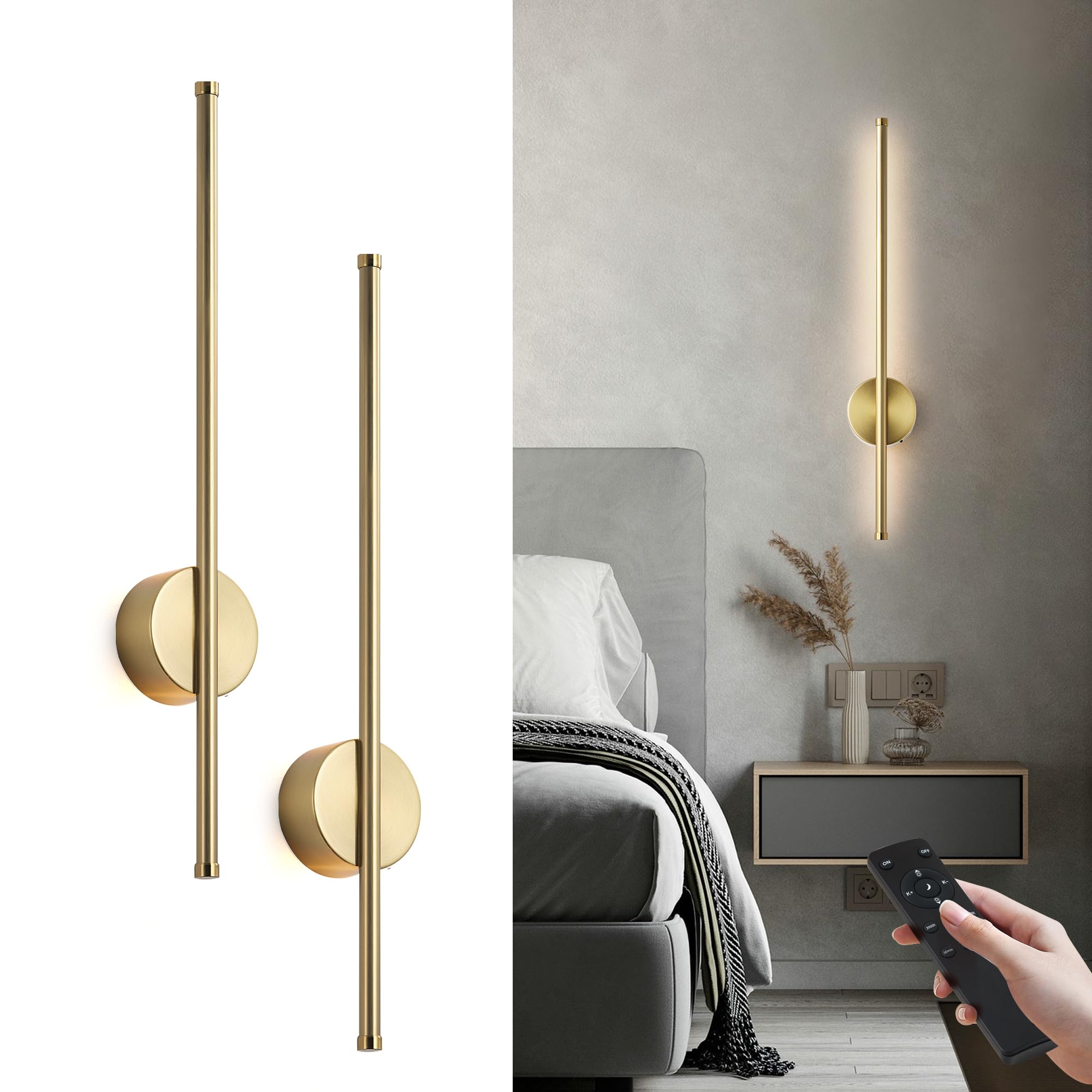 KARTOOSH battery-operated wall sconces in brass finish, wireless two-pack for easy setup.