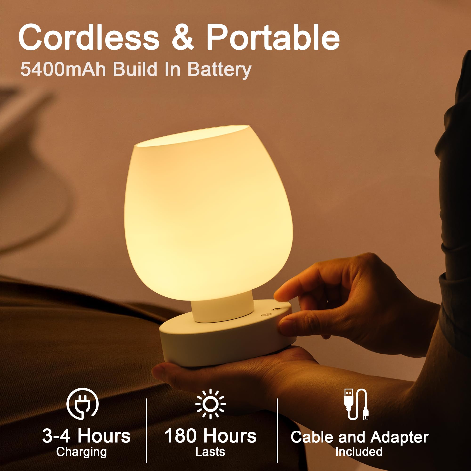 KARTOOSH cordless table lamp on surface showing rechargeable battery and USB-C port