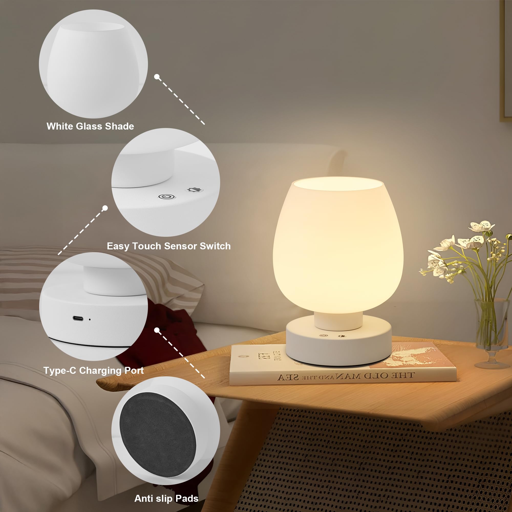 KARTOOSH bedside lamp charging via Type-C cable
