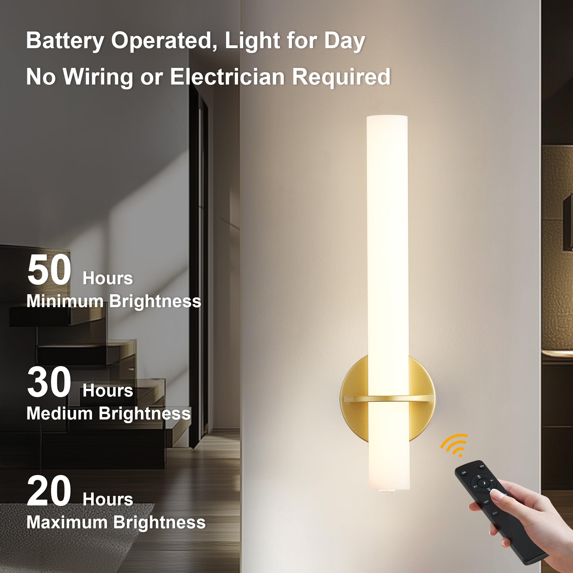 KARTOOSH gold battery-operated sconce dimmable brightness and color temperature range