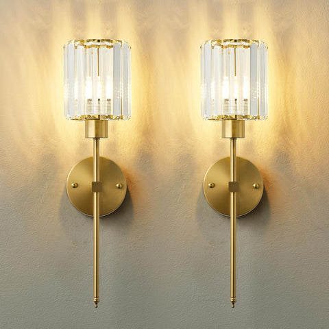 KARTOOSH crystal wall sconce in brass finish with clear crystals for elegant hallways.