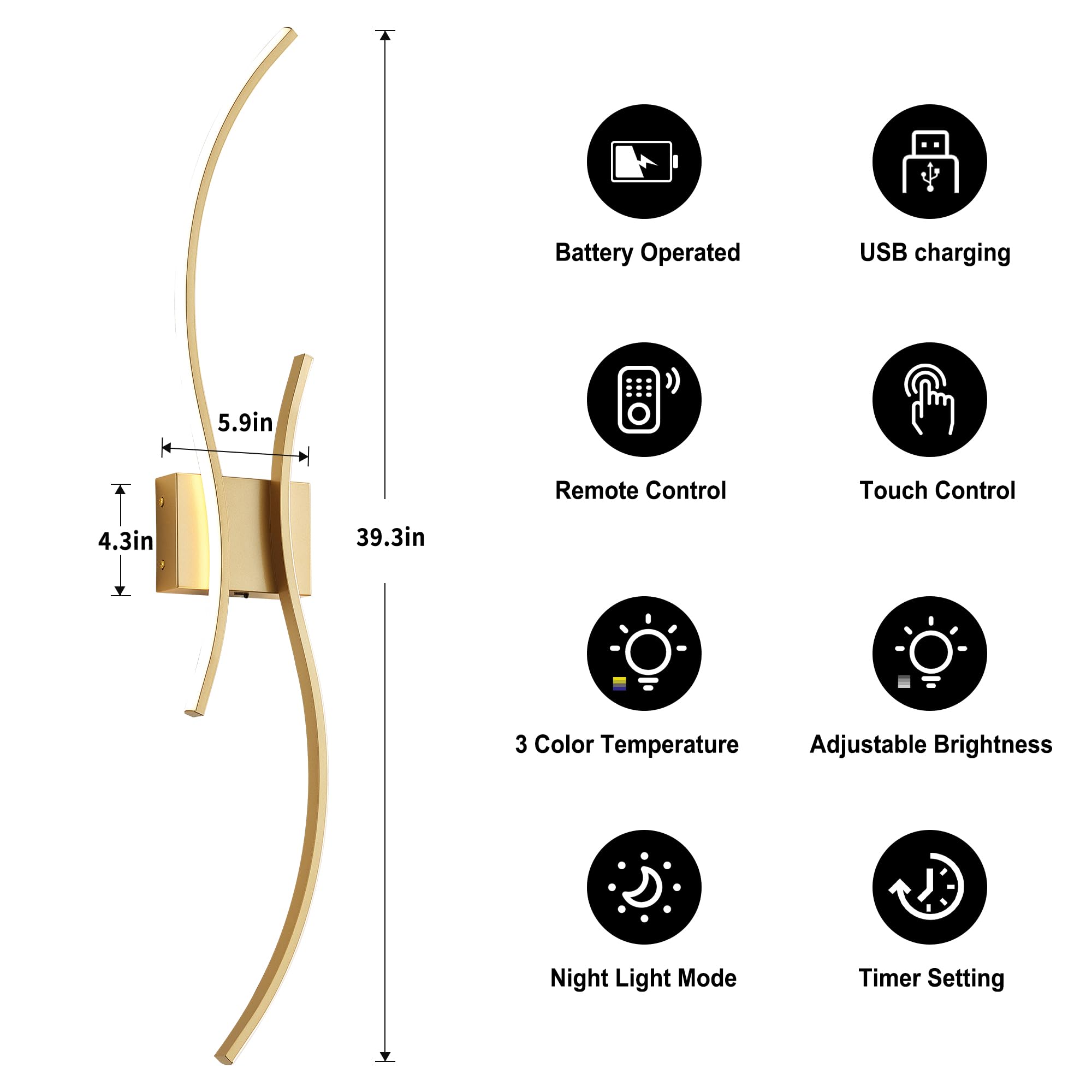 KARTOOSH USB-C charging cable included keeps sconces powered.