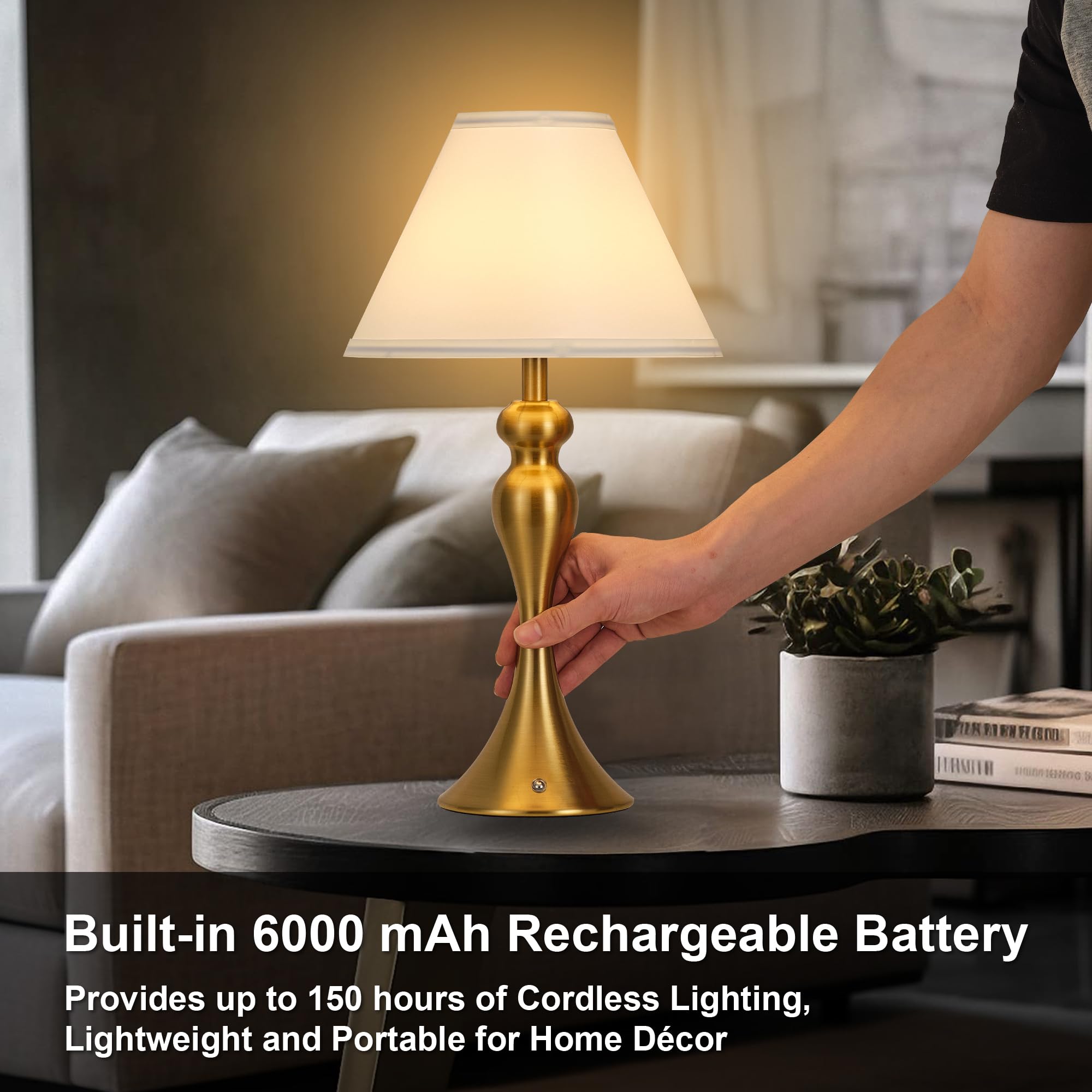 KARTOOSH battery powered lamp with fabric shade ideal for nightstands and desks.