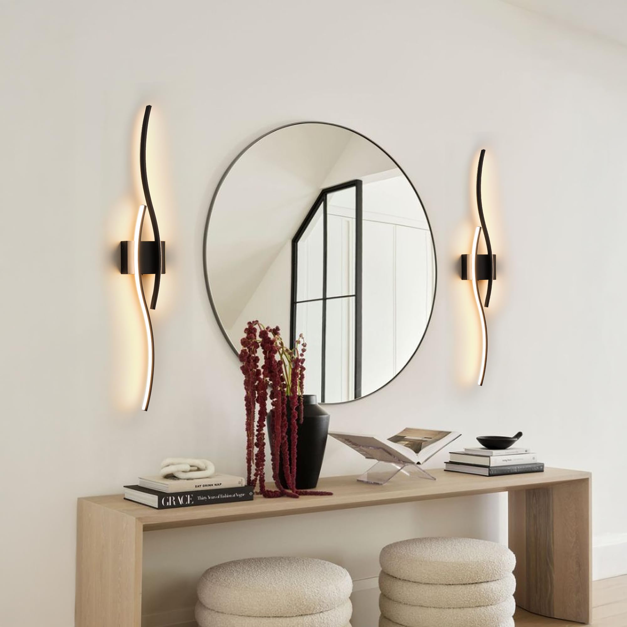 Black contemporary LED sconces suited for living rooms and hallways.