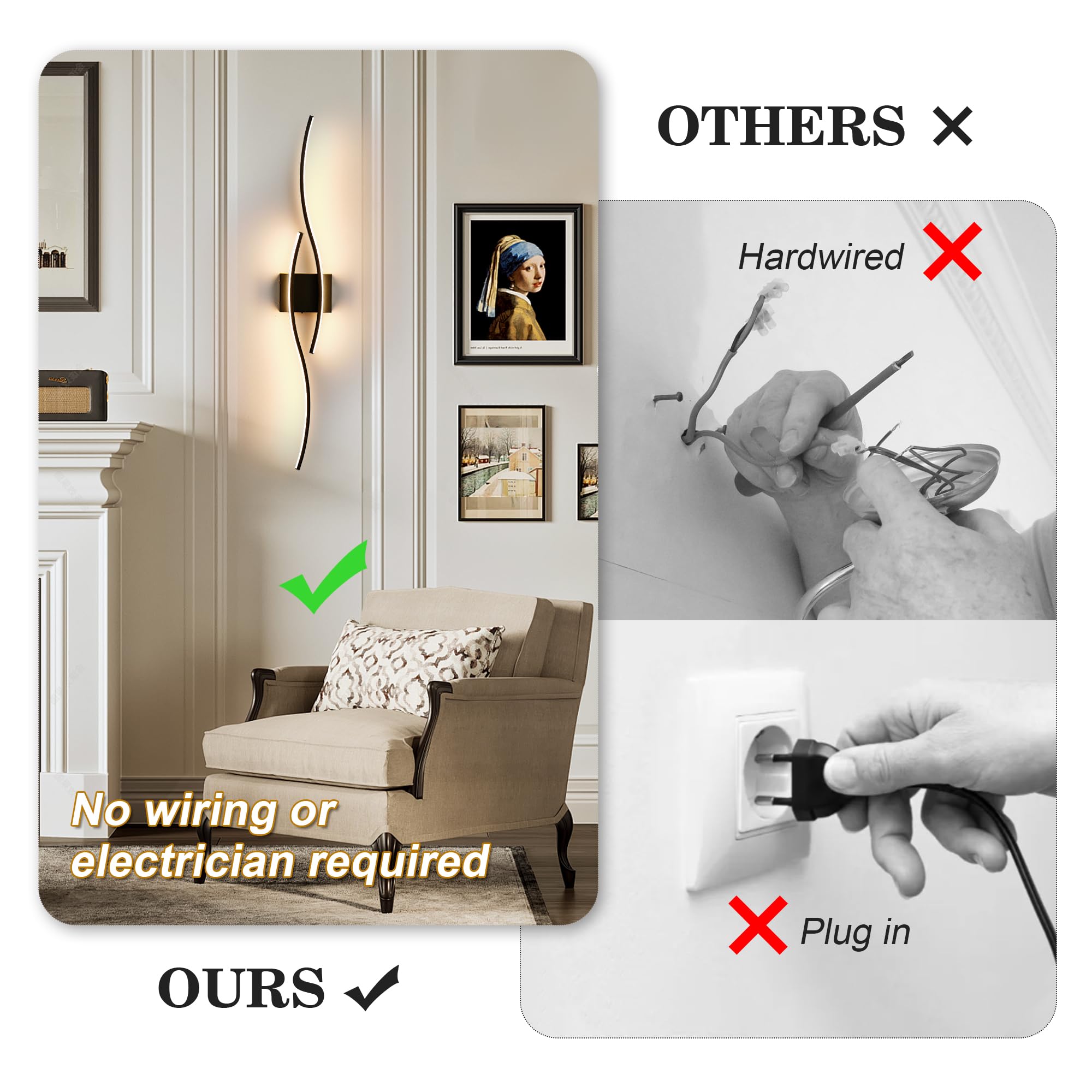 Dimmable wall sconces offering 3 color temperatures for ambiance control.