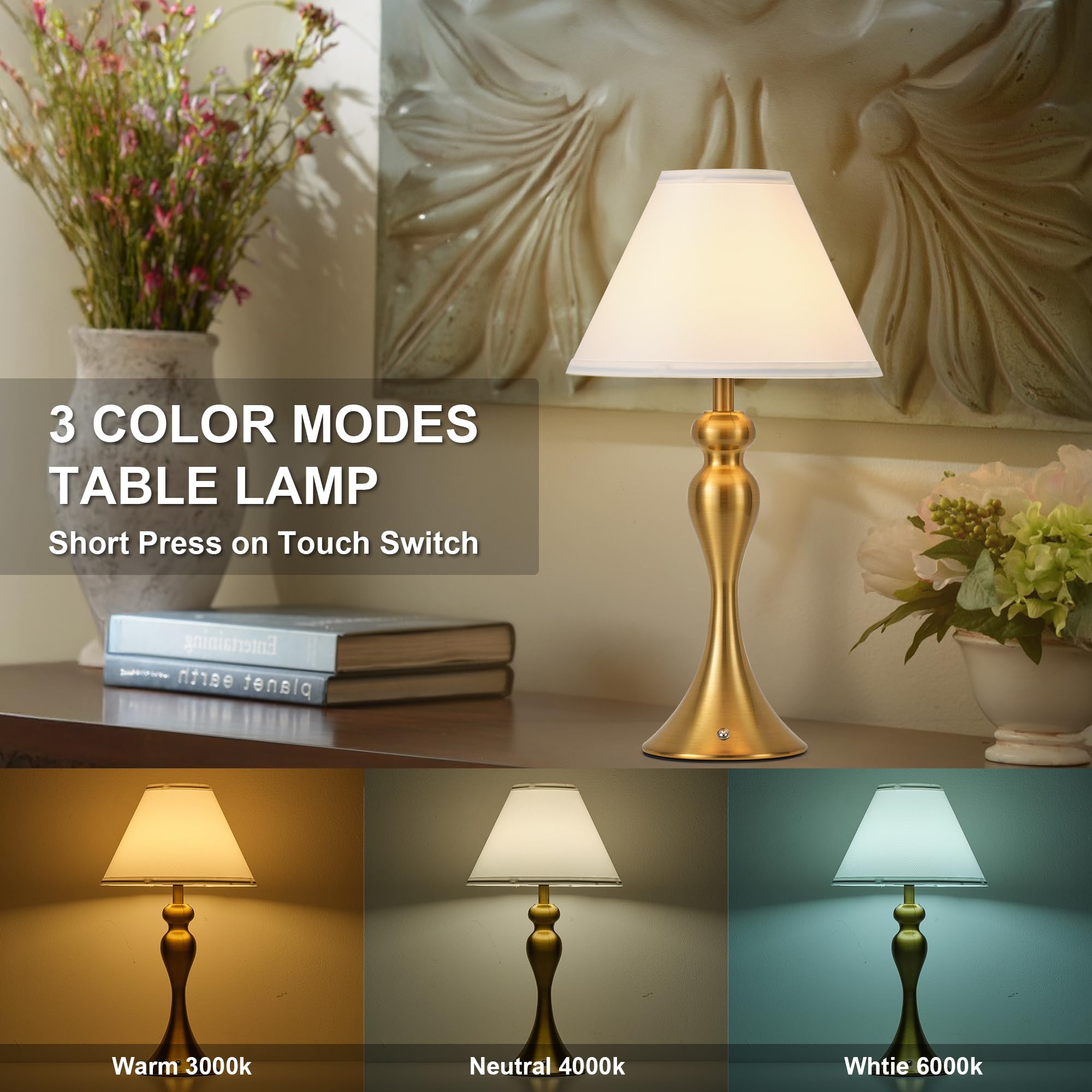 KARTOOSH LED table lamp showing three color temperatures and dimmable brightness.