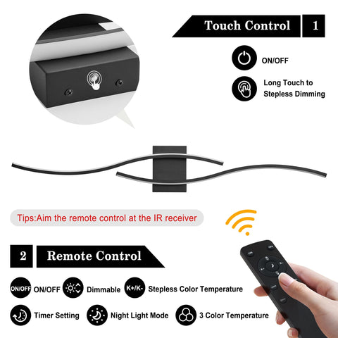 Sconces operated by remote control and touch control for convenience.